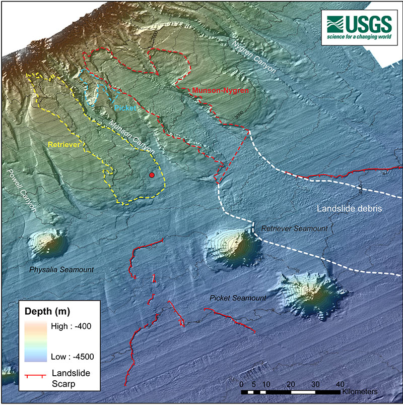 Map of the Munson-Nygren-Retriever landslide complex along the lower slope off Georges Bank.  Major landslide scarps and debris fields are highlighted.  This is one of the landslides we are currently investigating.