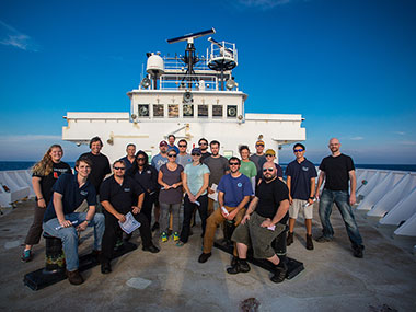 16 dives in 16 days, and everyone is still smiling! We had a great first leg of the Northeast U.S. Canyons 2013 Expedition. Mission personnel pose for a group photo as NOAA Ship Okeanos Explorer steams to port in New York, New York.