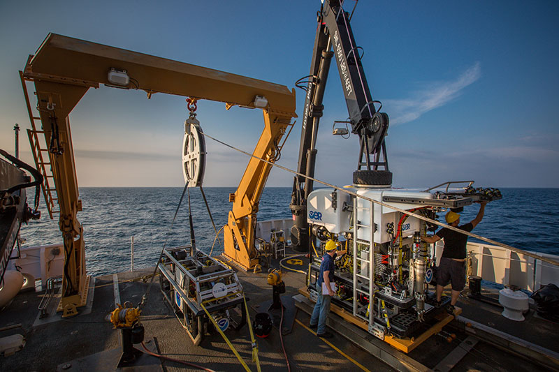 NOAA’s Office of Ocean Exploration and Research’s ROV team prepares the ROV Deep Discoverer for the first dive of the mission.