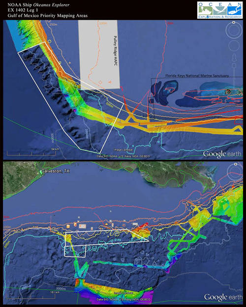 Maps showing Mapping Priority Area 1 (top) and Mapping Priority Area 2 (bottom) for Leg 1 of the expedition. The priority areas for intensive mapping survey operations are shown in the white polygons. Color-coded bathymetry previously collected by the Okeanos Explorer is shown in the background for context.