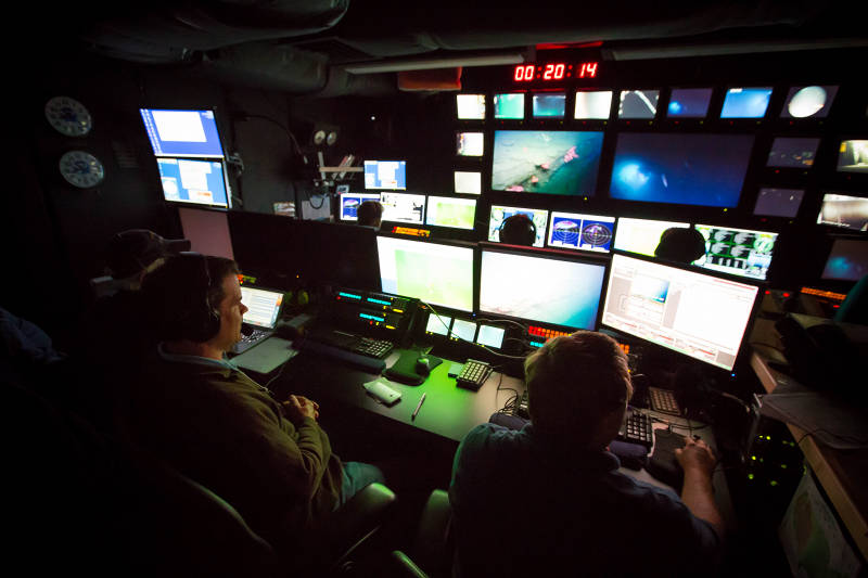 The view from NOAA Ship Okeanos Explorer’s control room as ROV Deep Discoverer investigates Norfolk Canyon.