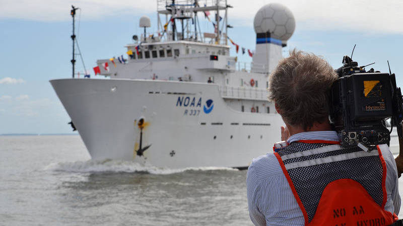 On the way into Baltimore, CBS 60 Minutes cameraman filmed Okeanos Explorer from the Bay Hydro II.