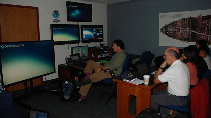 Scientists from NOAA and University of Maryland Eastern Shore participate from NOAA’s Silver Spring Exploration Command Center during our dive at Phoenix Canyon.