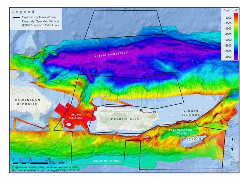 This map shows the areas NOAA Ship Okeanos Explorer will explore during the 20 ROV dives to be conducted between April 9 and 30 in and around the Puerto Rico Trench and the U.​S.​ Virgin Islands. Data displayed provided by ESRI, Delorme, GEBCO, USGS, NOAA NGDC, and other contributors; map created with ESRI ArcMap software.