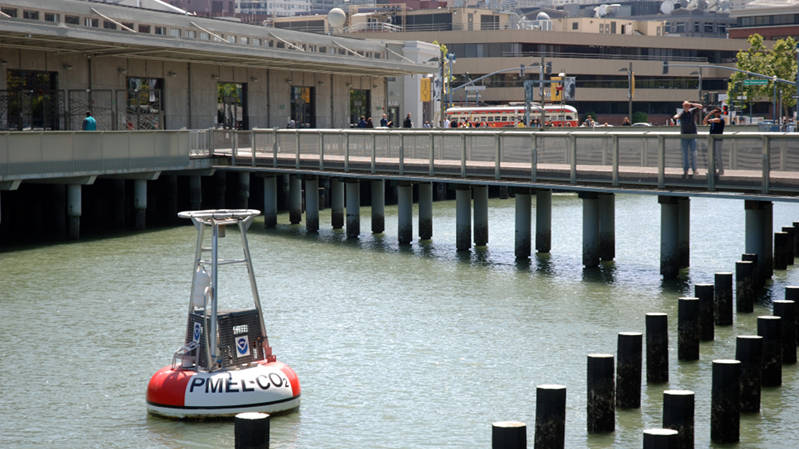 While waiting for the dry dock decision in San Francisco, our Pacific Marine Environmenta Laboratory (PMEL) scientists, Dave Rivera and Kevin Micheal, discovered a PMEL buoy at the Exploratorium, next to where the ship was docked. This buoy was built by the same group at PMEL and is used for education and outreach at the Exploratorium.