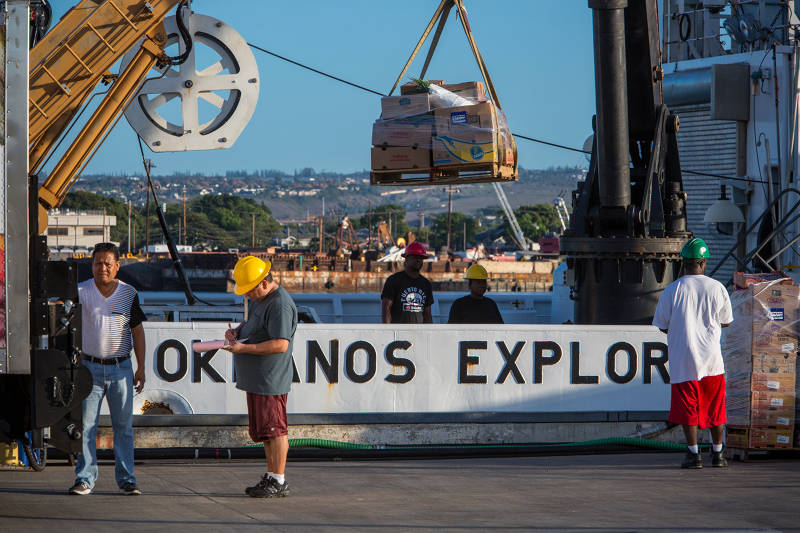 Food stores being loaded onboard in preparation for Leg 2 of the Expedition. Food stores to feed 46 people on the 23 day cruise leg included: 150 lbs of beef, 200 lbs of chicken, 150 lbs of seafood, 120 dozen eggs, 50 gallons of milk, 100 lbs of fruit, 300 lbs of vegetables, 60 lbs of coffee, 15 gallons of icea cream, and 300 ice cream bars.