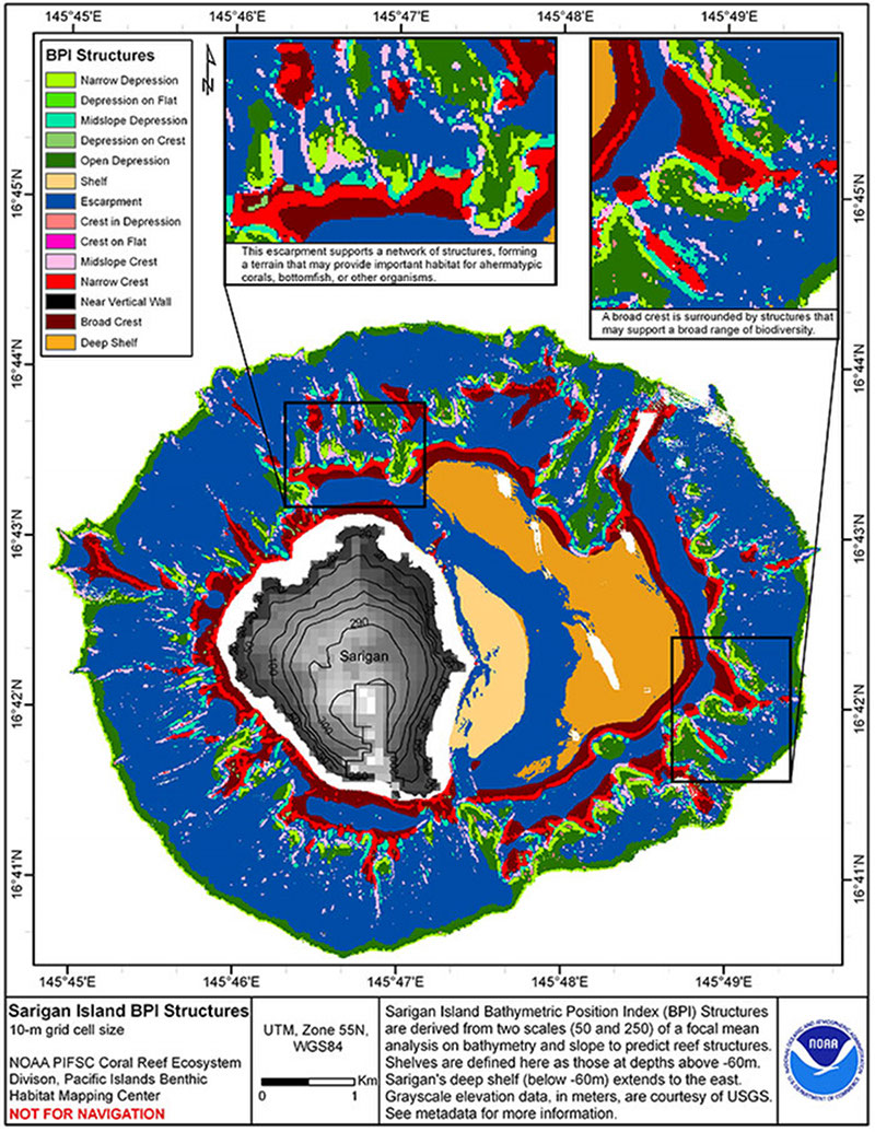 Gridded geomorphological map of Sariguan Island.