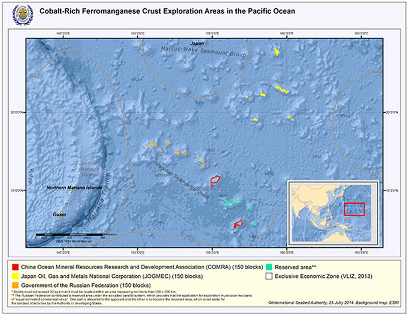 Map of the Western Pacific showing the locations of Mn crust exploratory sites granted by the ISA.