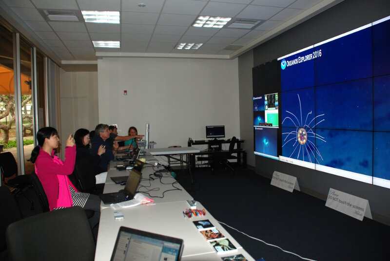 Scientists at the University of Hawaii at Manoa ECC watching a jellyfish swim by the ROV.