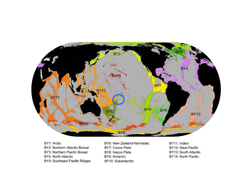 Figure 2: American Samoa (encircled in blue) is located at the boundary of four lower bathyal biogeographical provinces (BY5, BY6, BY12 and BY14) as defined by Watling and collaborators in 2013. Modified Figure 19 from: Watling et al. (2013), A proposed biogeography of the deep ocean floor, Progress Oceanography  111: 91–112.