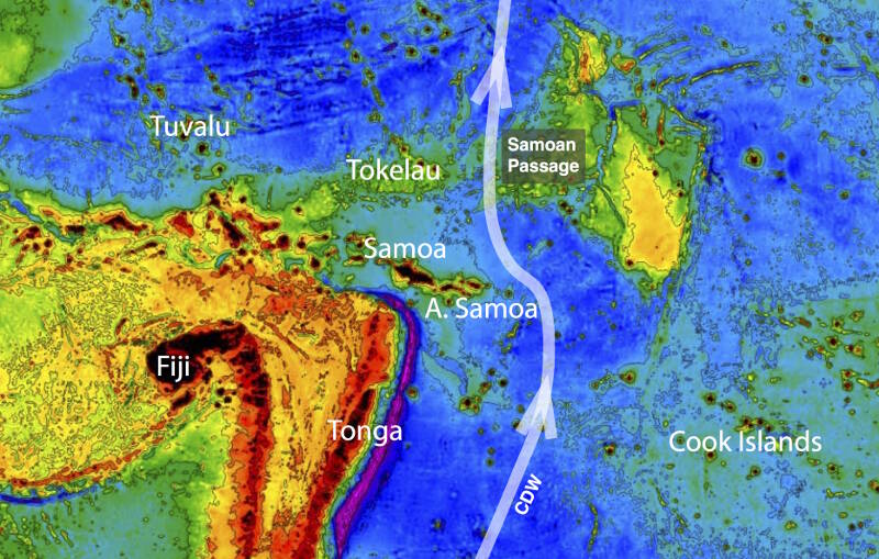 Figure 3. Flow of the Circumpolar Deep Water (CDW) below 4,000 meters through the Samoan Passage.