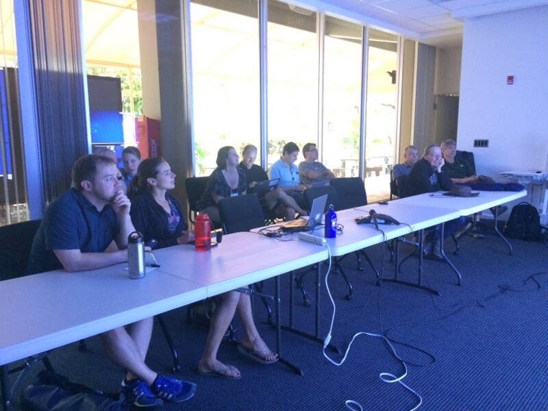 A group of water column scientists participating in the dive from the Exploration Command Center at the University of Hawaii Manoa.