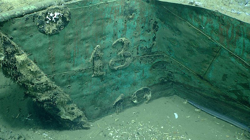 A significant portion of BOEM Wrecksite 15377’s hull is buried under sediment, as indicated by the lead draft marks on the wreck's stem post at what appeared to be one-foot intervals.