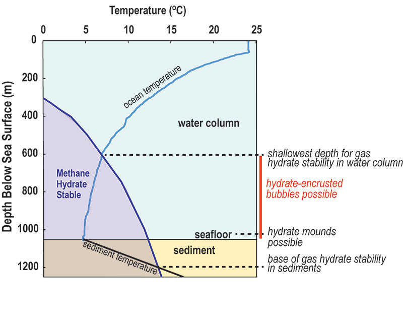 Methane hydrate is stable to the left of the purple curve on this temperature-depth plot. Each 100-meter (~328-foot) increase in water depth corresponds to a pressure increase of ~10 megapascals (~98 atmospheres). The blue curve shows the ocean temperatures measured by the conductivity-temperature-depth (CTD) sensor on the Deep Discoverer ROV during Dive 17 at Horn Dome. The sediment temperatures are estimated based on a study that examined nearby well data. Gas hydrate is stable at the seafloor, in the shallow sediments, and from the seafloor to ~600 meters depth in the water column. Such conditions are typical for the deep ocean, but the Gulf of Mexico leaks such large volumes of gas that near-seafloor gas hydrate is more common there than in most locations.