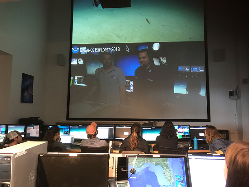 Boston College students interact live with Gulf of Mexico 2018 expedition coordinator, Nick Pawlenko, and science co-leads, Adam Skarke and Daniel Wagner.