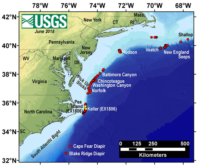 The red circles represent methane seep from the database of Skarke et al. (2014) based on NOAA OER surveys, with updates (many additions and a few deletions) based on geophysical surveys by the USGS Gas Hydrates Project in 2016 and 2017.  Labelled seeps have been surveyed during ROV or deep submergence vehicle (DSV) Alvin dives since 2001, with most dives carried out since 2012 (compilation by C. Ruppel, pers. comm.).  The yellow circles indicate the locations of seeps targeted for Deep Discoverer dives on NOAA Ship Okeanos Explorer Windows to the Deep 2018 expedition (EX1806).