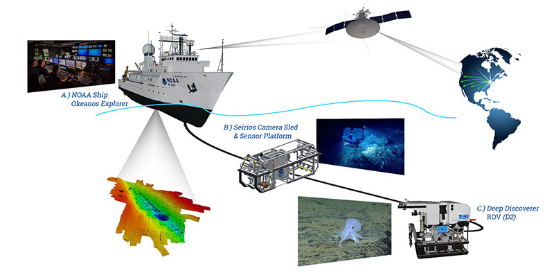 A telepresence-enabled platform, NOAA Ship Okeanos Explorer uses satellite technology to transmit data and video in real-time from the ship and remotely operated vehicles (ROVs) working at depth, to a shore-based hub where the video is transmitted in high definition (HD) out on the internet and Internet2 to research facilities, educational institutions, Exploration Command Centers (ECCs), and the general public.