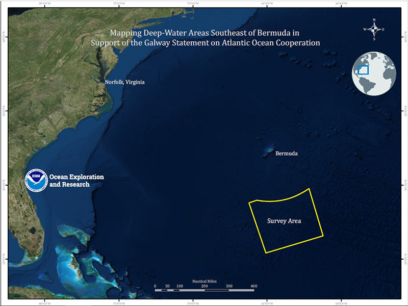 Map showing the planned operations area for the expedition outlined in yellow.