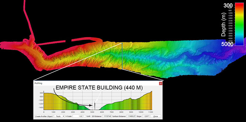 Plan (overhead) view of Hudson Canyon, a shelf-indenting submarine canyon on the U.S. Atlantic Margin offshore New York.