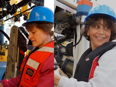 Dr. Martha Nizinski (left) and Dr. Anna Metaxas shared chief scientist duties during the previous transboundary cruises.