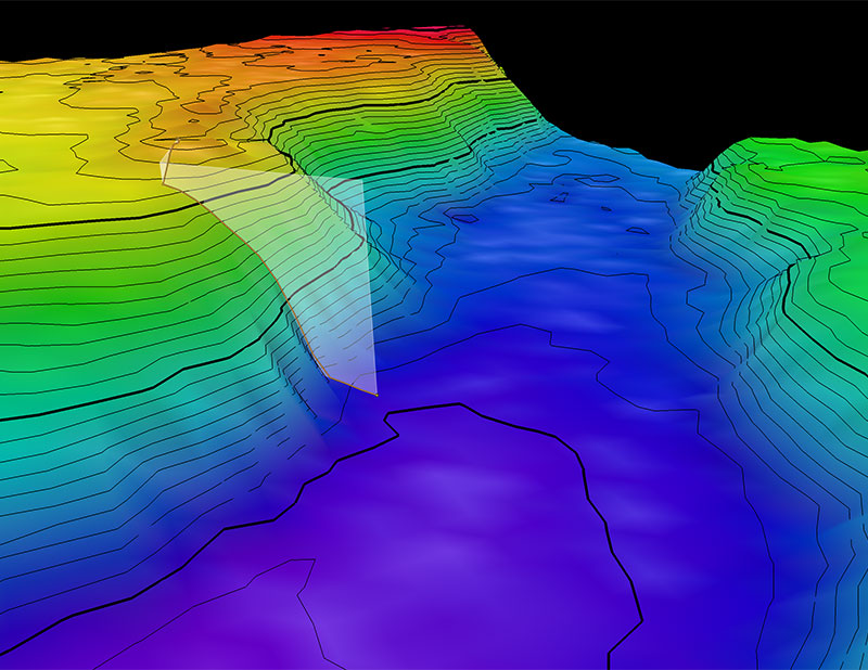 The original intended remotely operated vehicle track for Dive 12, shown as an orange line with a white curtain. Scale is water depth in meters.