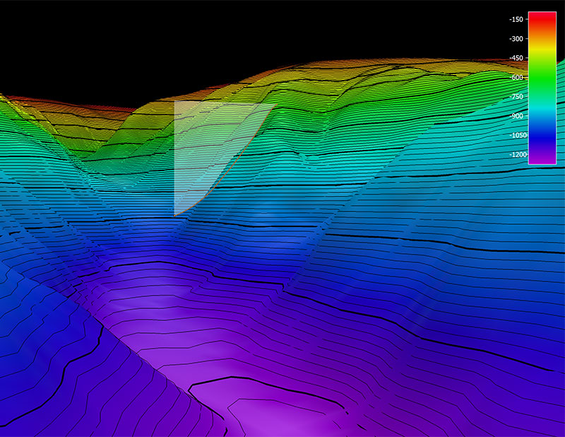 The remotely operated vehicle track for Dive 16, shown as an orange line with a white curtain. Scale is water depth in meters.