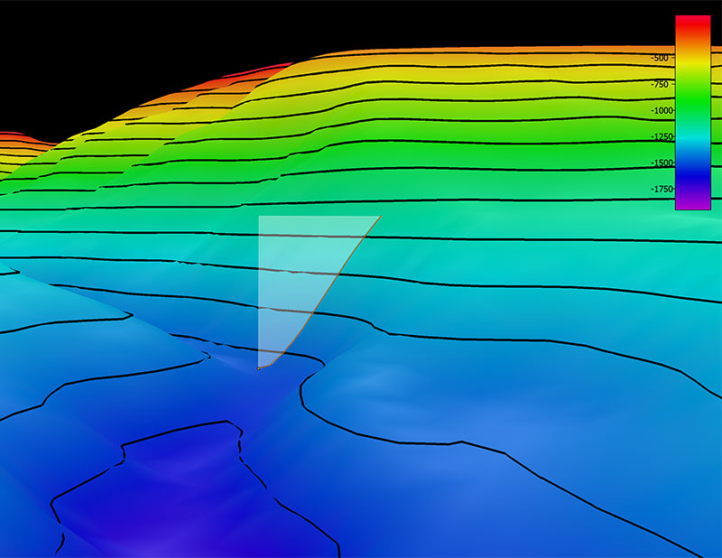 The remotely operated vehicle track for Dive 17, shown as an orange line with a white curtain. Scale is water depth in meters.