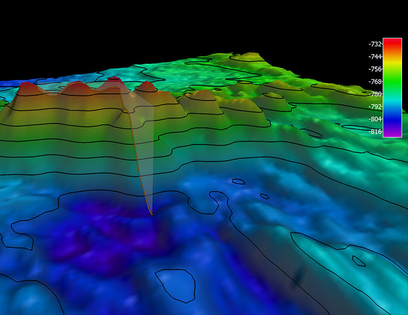 The remotely operated vehicle track for Dive 01, shown as an orange line with a white curtain. Scale is water depth in meters.