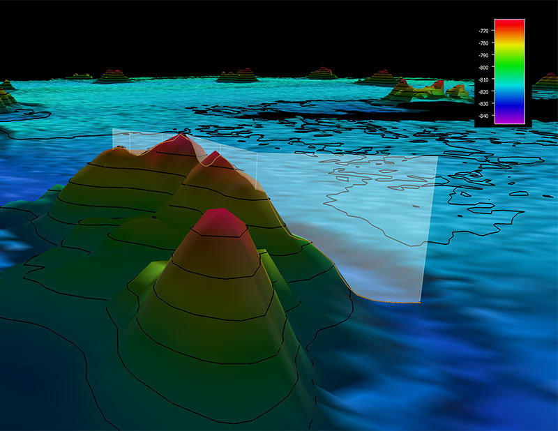 The remotely operated vehicle track for Dive 04, shown as an orange line with a white curtain. Scale is water depth in meters.