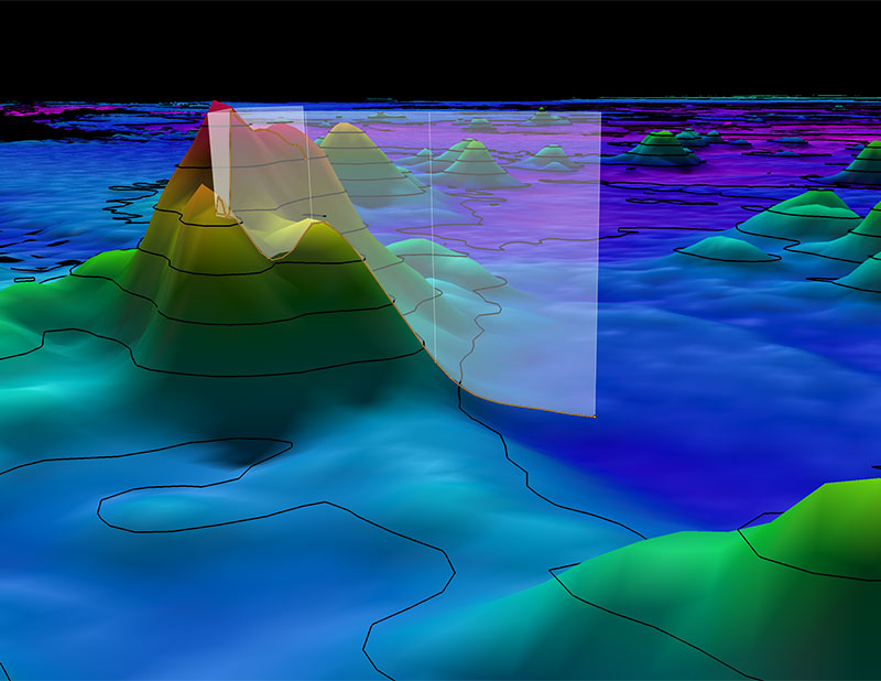 The remotely operated vehicle track for Dive 05, shown as an orange line with a white curtain. Scale is water depth in meters.