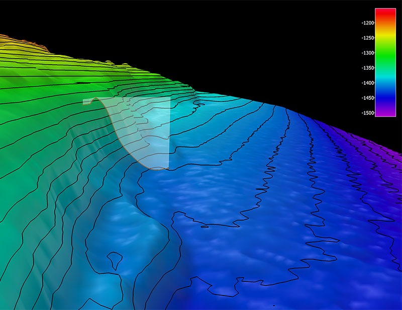 The remotely operated vehicle track for Dive 09, shown as an orange line with a white curtain. Scale is water depth in meters.