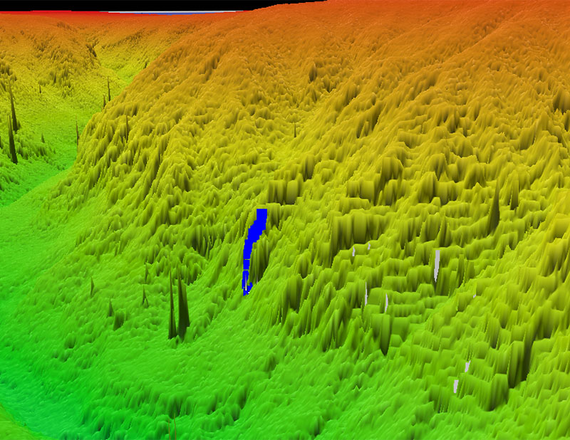 Map showing the dive track of dive 1 of the Deep Connections 2019 expedition, which explored the eastern flank of Gully Canyon. This eastern flank had not previously been explored with deep-water submersible vehicles.