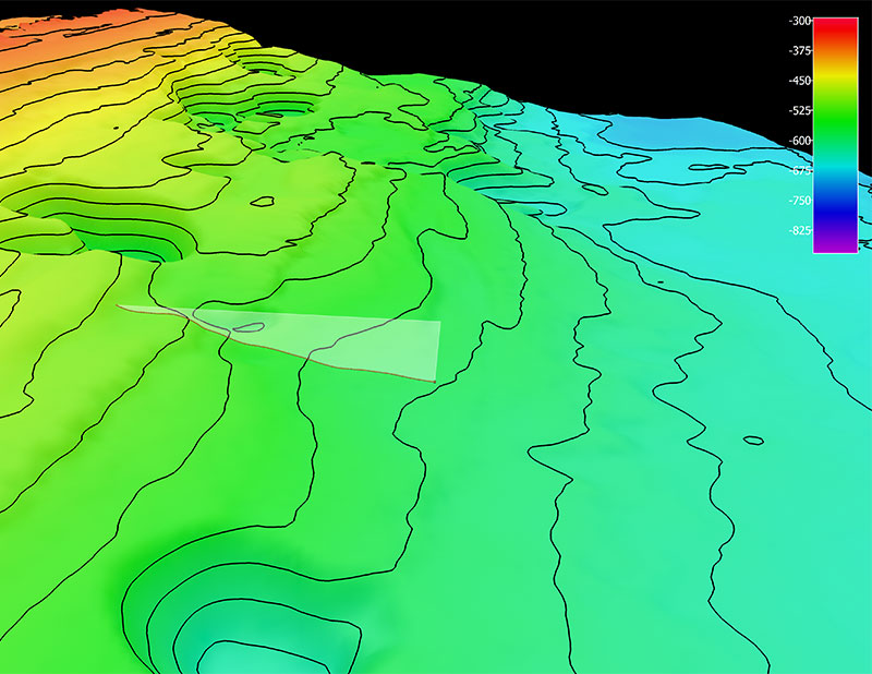 The remotely operated vehicle track for Dive 08 of the 2019 Southeastern U.S. Deep-sea Exploration, shown as an orange line with a white curtain. Legend shows water depth in meters.