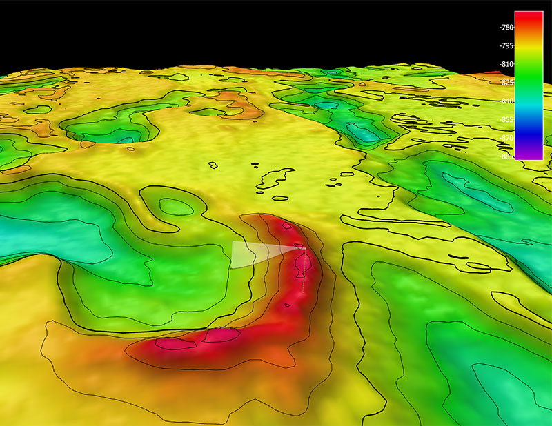 The remotely operated vehicle track for Dive 03 of the 2019 Southeastern U.S. Deep-sea Exploration expedition, shown as an orange line with a white curtain. This mapping data was collected during the first part of the expedition. Scale is water depth in meters. 