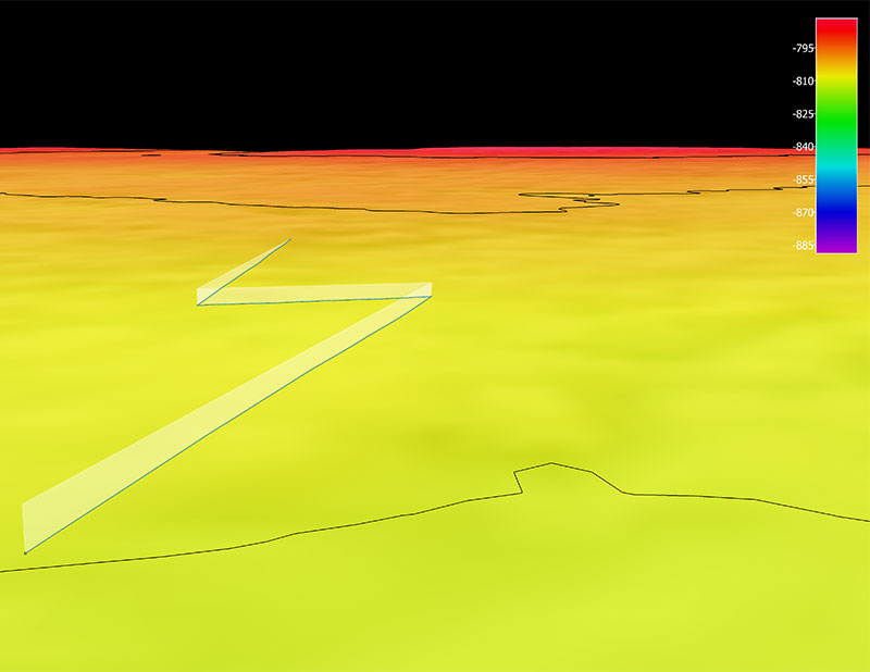 The remotely operated vehicle track for Dive 07 of the 2019 Southeastern U.S. Deep-sea Exploration, shown as a blue line with a white curtain. This mapping data was collected during Windows to the Deep 2019. Legend shows water depth in meters.