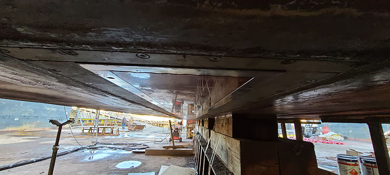 An image of the new EM 304 transducer on the underside of NOAA Ship Okeanos Explorer, looking alongships (looking in the fore-and-aft line of the vessel, in a lengthwise direction).