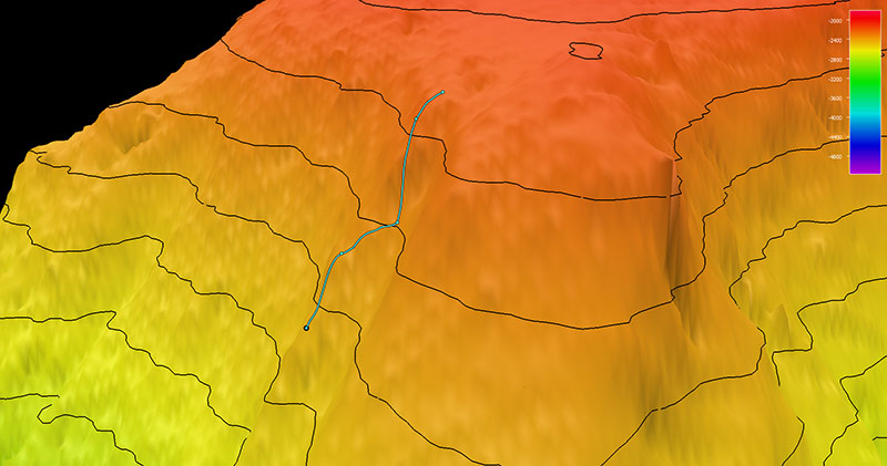 Image showing the dive track of Dive 04 of the 2021 North Atlantic Stepping Stones expedition. Scale is water depth in meters.