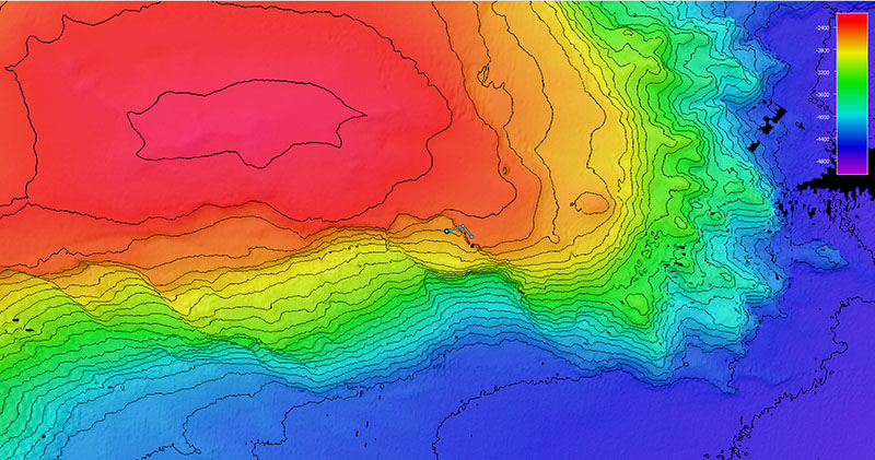 Image showing the dive track of Dive 07 of the 2021 North Atlantic Stepping Stones expedition. Scale is water depth in meters.