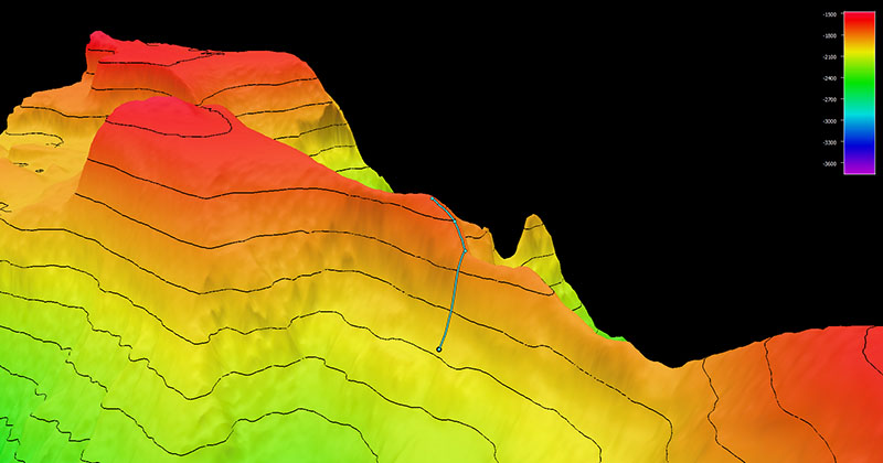 Image showing the dive track of Dive 10 of the 2021 North Atlantic Stepping Stones expedition. Scale is water depth in meters.