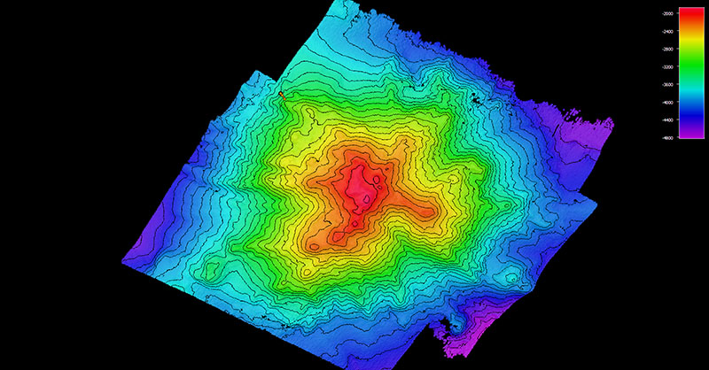 Image showing the dive track of Dive 15 of the 2021 North Atlantic Stepping Stones expedition. Scale is water depth in meters.