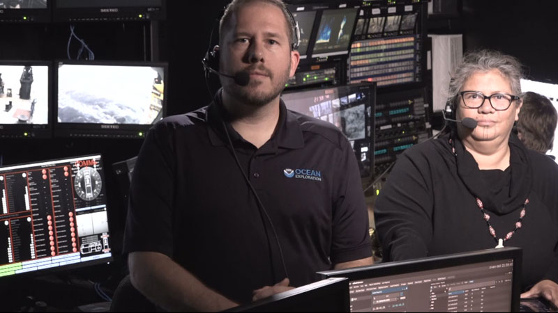 Expedition Coordinator Sam Cuellar and Mia Lopez in the control room of NOAA Ship Okeanos Explorer