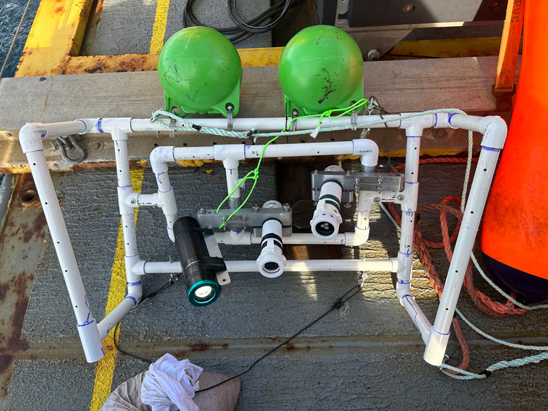 The low-cost Maka Niu camera module and light modules attached to one of the PVC deployment configurations tested aboard NOAA Ship Okeanos Explorer during the 2023 EXPRESS: West Coast Exploration (AUV and Mapping) expedition.