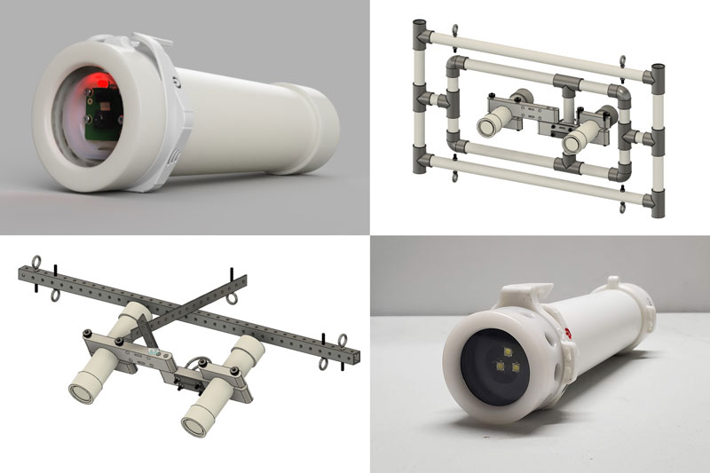 The low-cost Maka Niu camera module, light module, and various PVC configuration designs tested during the 2023 EXPRESS: West Coast expedition on NOAA Ship Okeanos Explorer in December 2023.