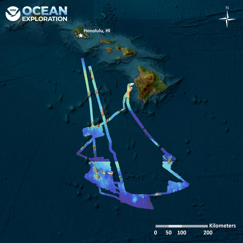 New bathymetric coverage in waters around the Hawaiian Islands, collected during the Beyond the Blue: Hawaiʻi Mapping expedition.