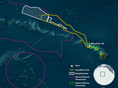 This map shows the general operating area during the Beyond the Blue: Papahānaumokuākea Mapping 1 expedition, with the approximate track of NOAA Ship <i>Okeanos Explorer</i> into Papahānaumokuākea Marine National Monument shown as a yellow line, mapping targets shaded in white, and the boundaries of marine national monuments shown in purple.