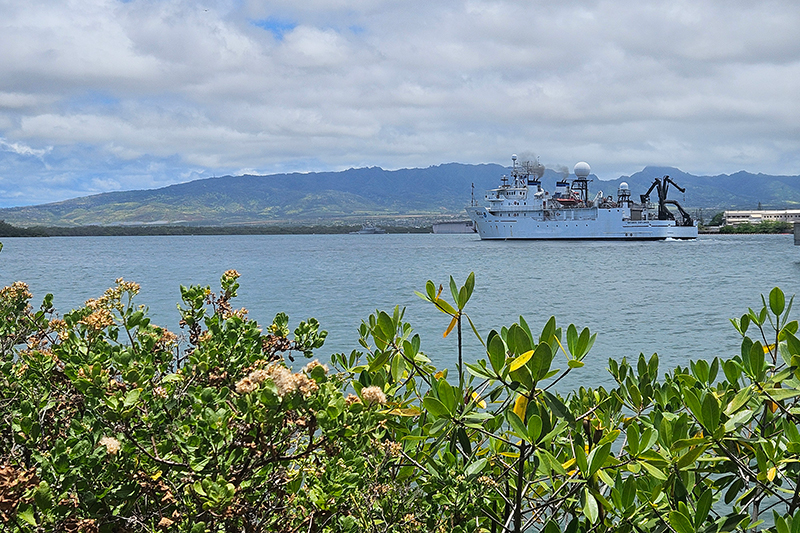 NOAA Ship Okeanos Explorer departs the NOAA Daniel K. Inouye Regional Center on Oahu’s Ford Island, marking the start of the Beyond the Blue: Papahānaumokuākea Mapping 1 expedition.