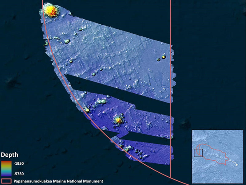 Map of the Papahānaumokuākea Marine National Monument with topographical features and depth colors.