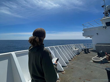 Person standing on a ship with sun shining