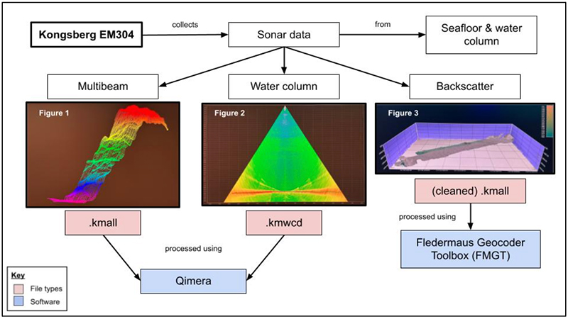 This flowchart depicts the three types of data we collect with the Kongsberg EM304 multibeam. Figure 1 is an image of an example of pings I helped clean as seen in the Slice Editor window of Qimera. Note: this slice was set to an exaggeration to more easily detect and remove outliers, so it is not an exact representation of that sea floor. Figure 2 is of a swath of water column data taken from the same software. The seafloor is the red band near the base of the triangle. Figure 3 shows an example of backscatter data (gray) draped over the already cleaned multibeam data (green-blue beneath) as seen in FMGT.