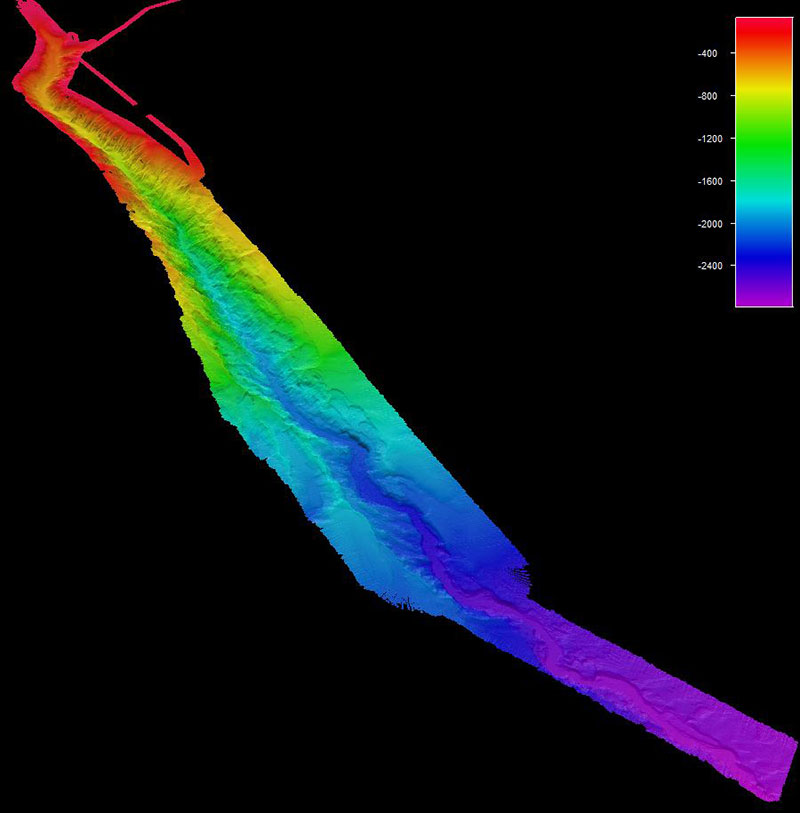 Image of bathymetric data of Hudson Canyon, located 85 nautical miles east of New York City. Hudson Canyon, which is at its widest point is over five nautical miles wide and stretches over 100 nautical miles eastward into the Atlantic Ocean, is one of dozens of canyons mapped by NOAA Ship Okeanos Explorer on the U.S. Atlantic coast at part of the multi-year, multi-vessel Atlantic Canyons Undersea Mapping Expeditions (ACUMEN) campaign.